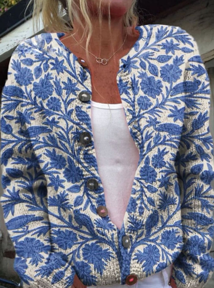 Damen Floraler Cardigan mit Knöpfen Strickjacke - Blau