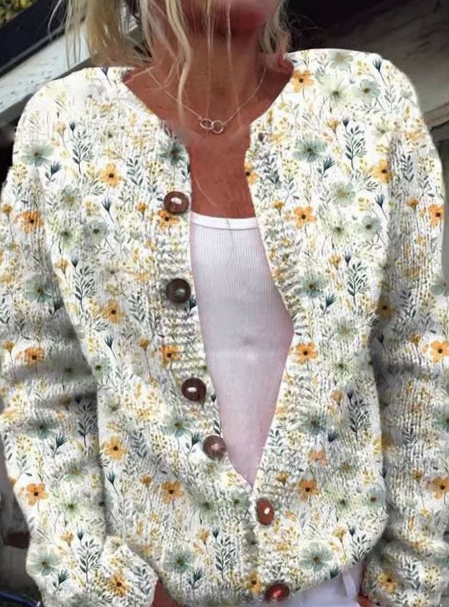 Damen Floraler Cardigan mit Knöpfen Strickjacke - Weiß