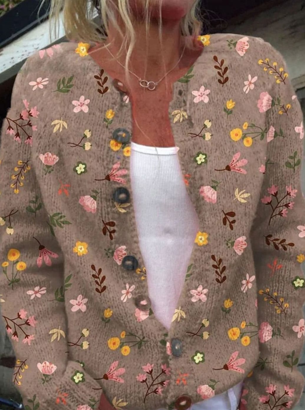 Damen Floraler Cardigan mit Knöpfen Strickjacke - Braun