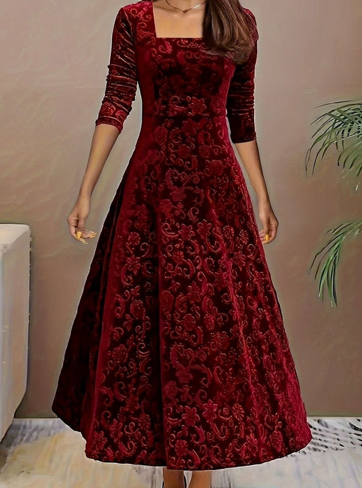 Damen Florales Samt-Kleid für Formelle Anlässe mit Eckausschnitt A-Linie - Dunkelrot