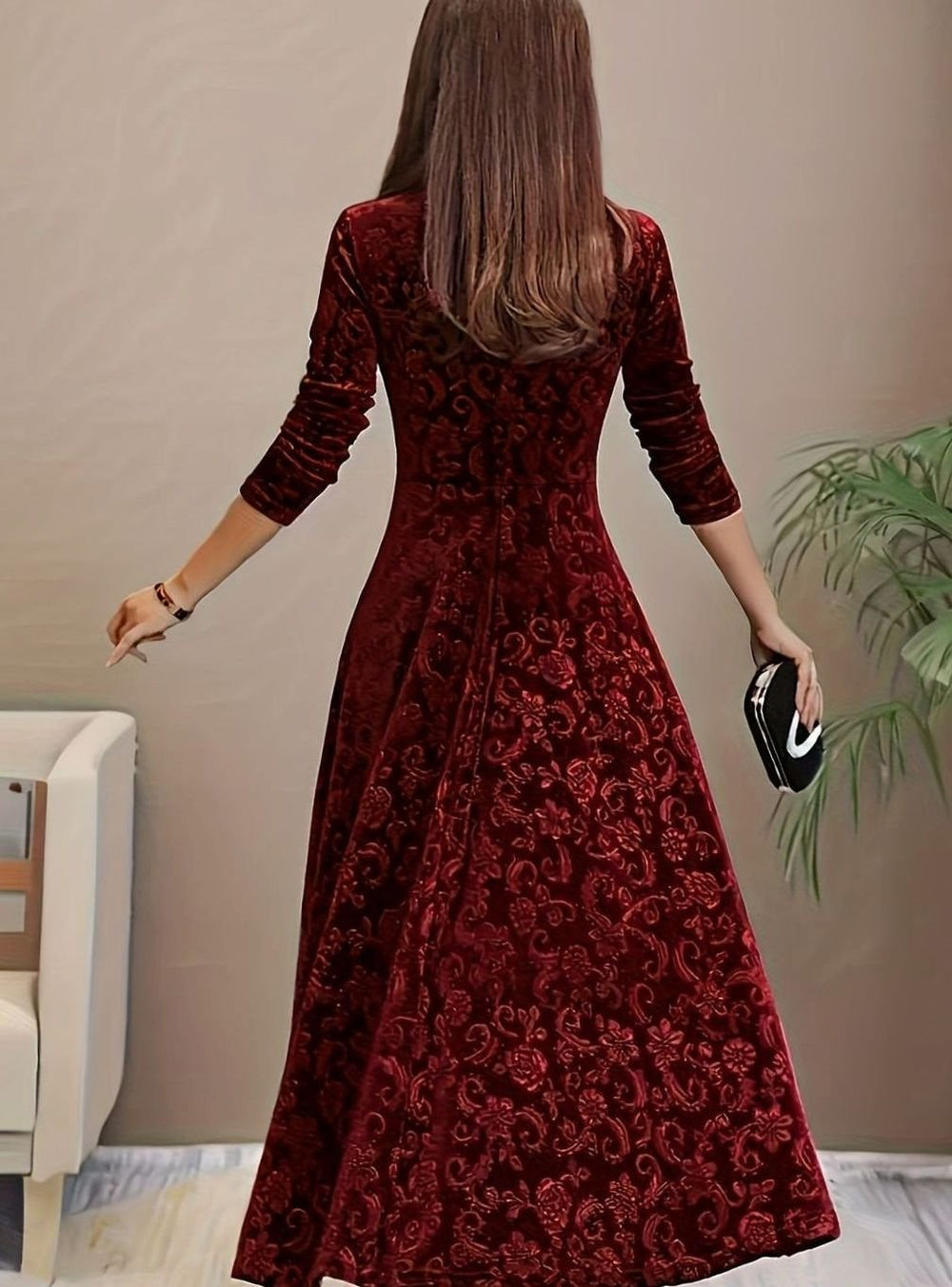 Damen Florales Samt-Kleid für Formelle Anlässe mit Eckausschnitt A-Linie