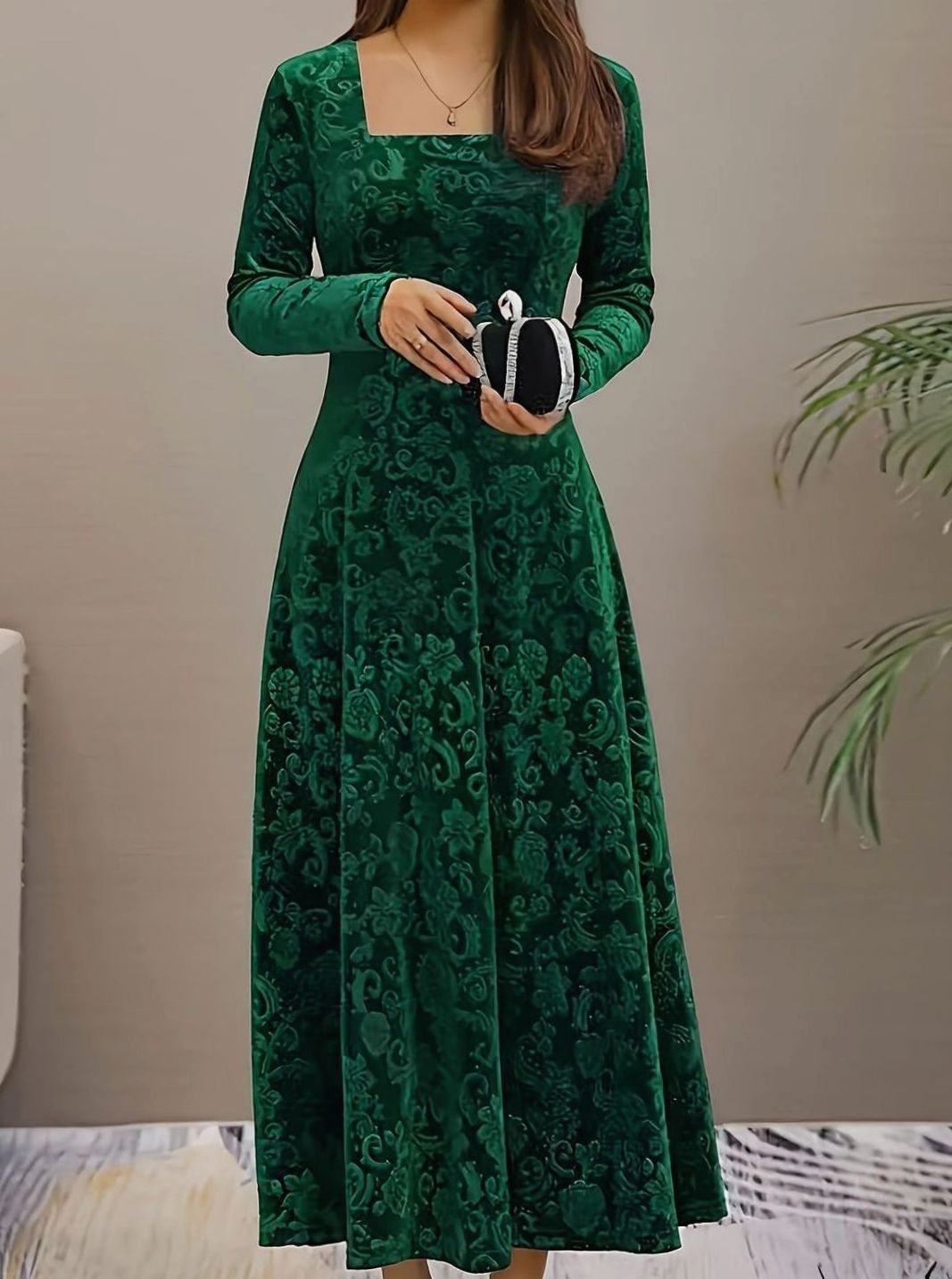 Damen Florales Samt-Kleid für Formelle Anlässe mit Eckausschnitt A-Linie - Grün