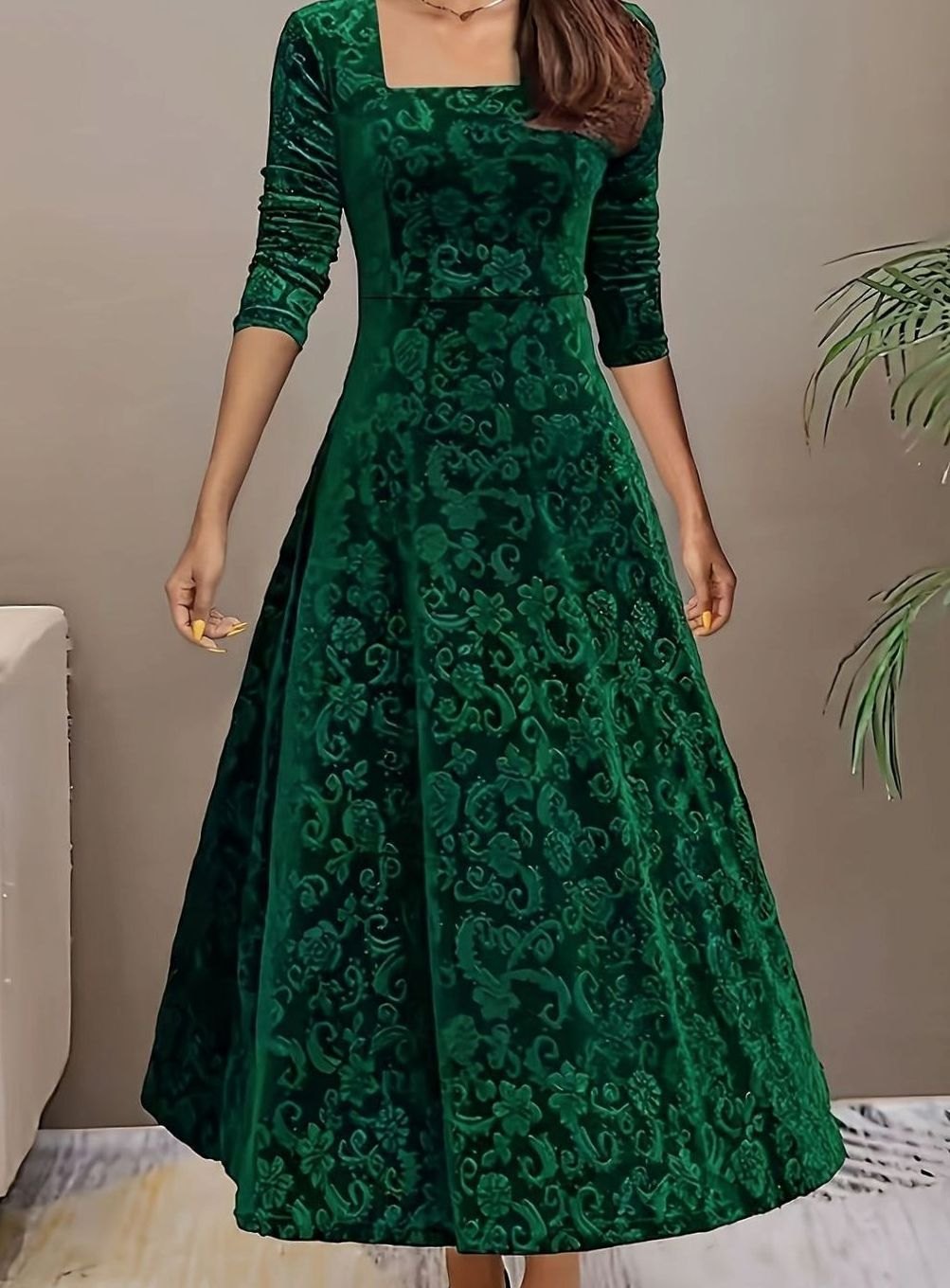 Damen Florales Samt-Kleid für Formelle Anlässe mit Eckausschnitt A-Linie