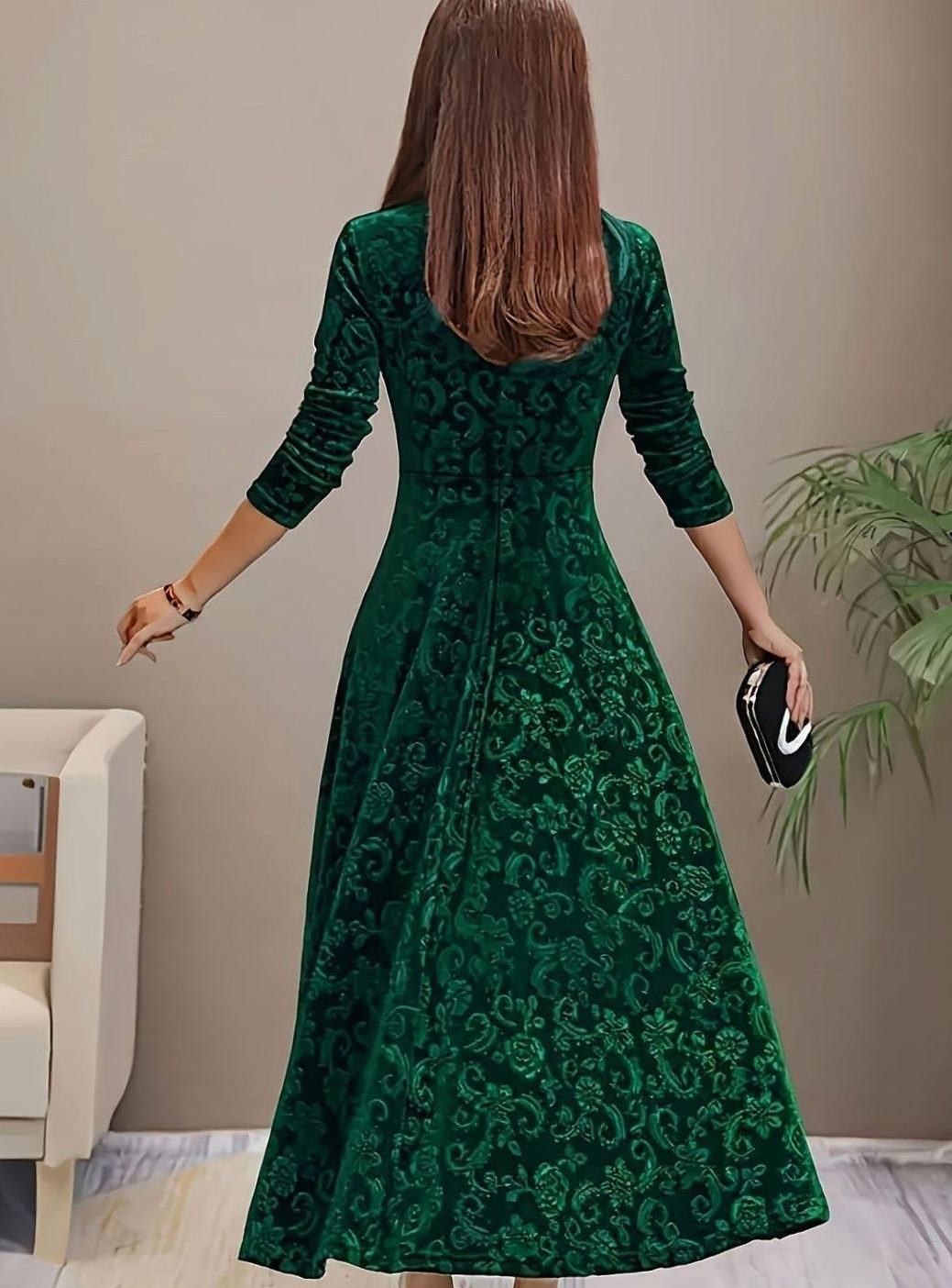 Damen Florales Samt-Kleid für Formelle Anlässe mit Eckausschnitt A-Linie
