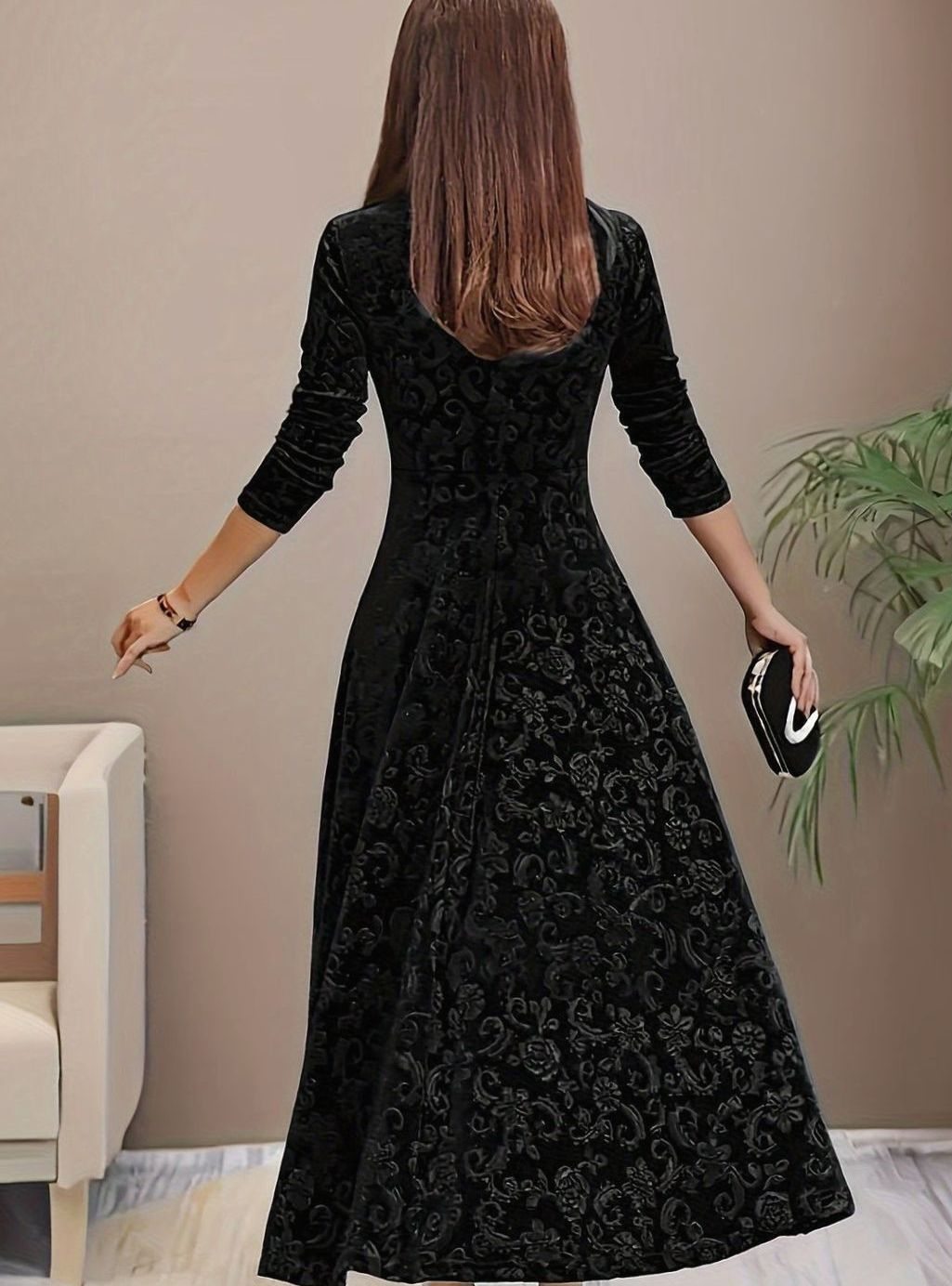 Damen Florales Samt-Kleid für Formelle Anlässe mit Eckausschnitt A-Linie
