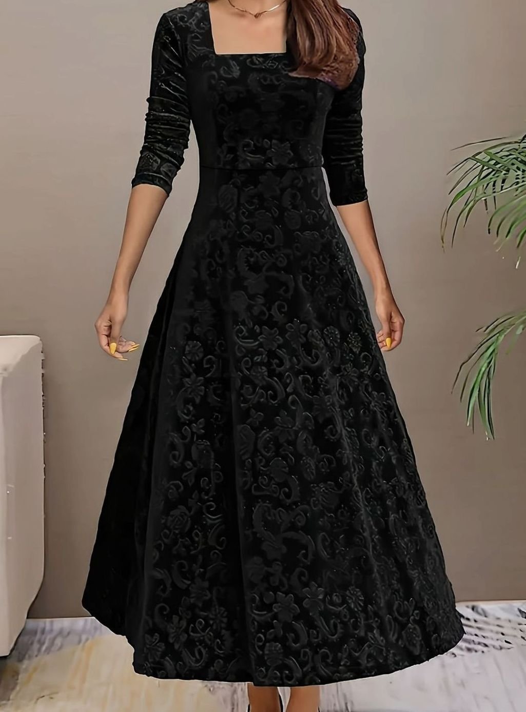 Damen Florales Samt-Kleid für Formelle Anlässe mit Eckausschnitt A-Linie - Schwarz