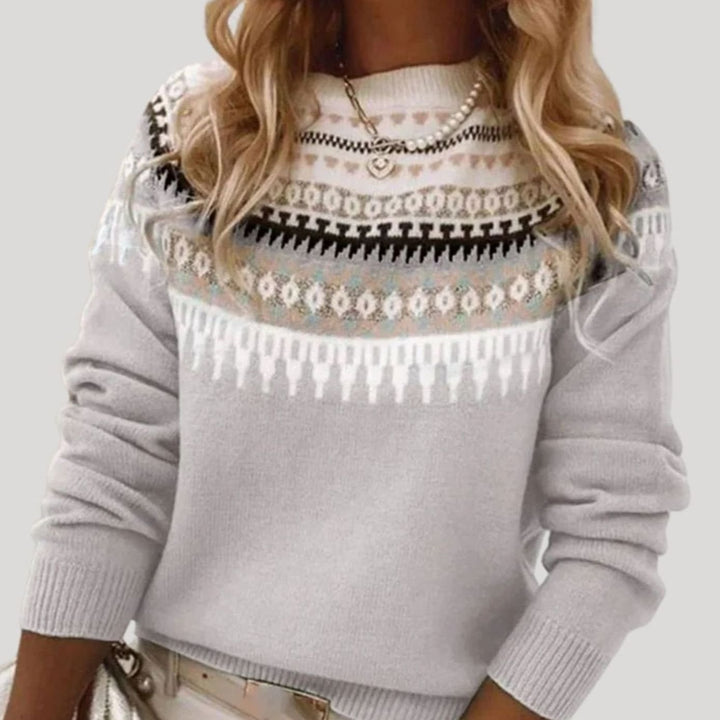 Damen Frühlings Fair-Isle-Strickpullover Rundhals Relaxed-Fit - Grau