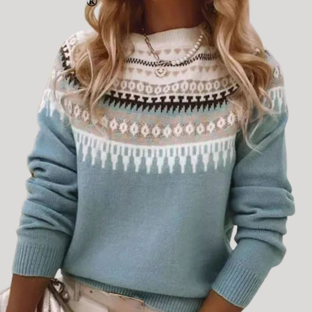 Damen Frühlings Fair-Isle-Strickpullover Rundhals Relaxed-Fit - Blau