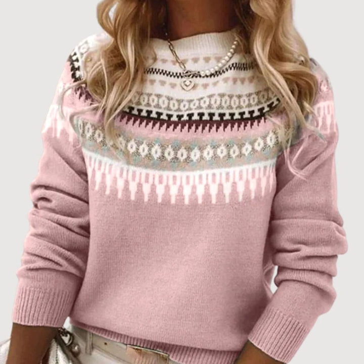 Damen Frühlings Fair-Isle-Strickpullover Rundhals Relaxed-Fit - Rosa