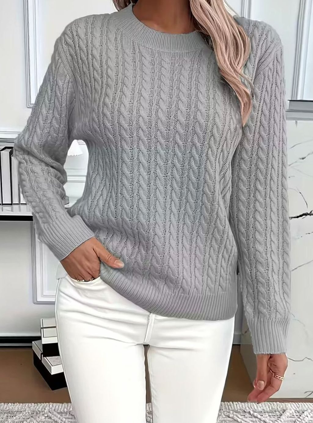 Damen Gemütlicher Winter-Zopfmuster-Strickpullover Rundhals Langarm - Grau