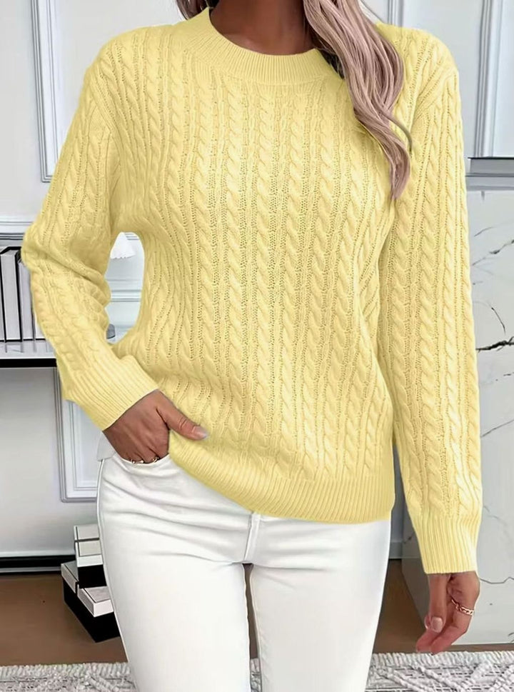 Damen Gemütlicher Winter-Zopfmuster-Strickpullover Rundhals Langarm - Gelb