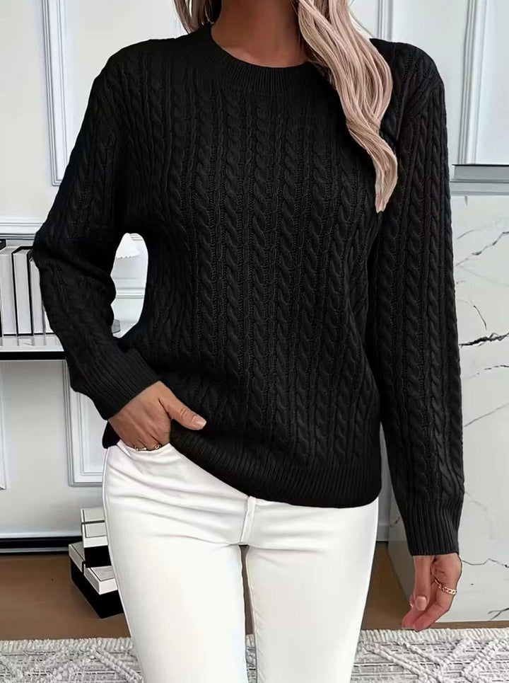 Damen Gemütlicher Winter-Zopfmuster-Strickpullover Rundhals Langarm - Schwarz