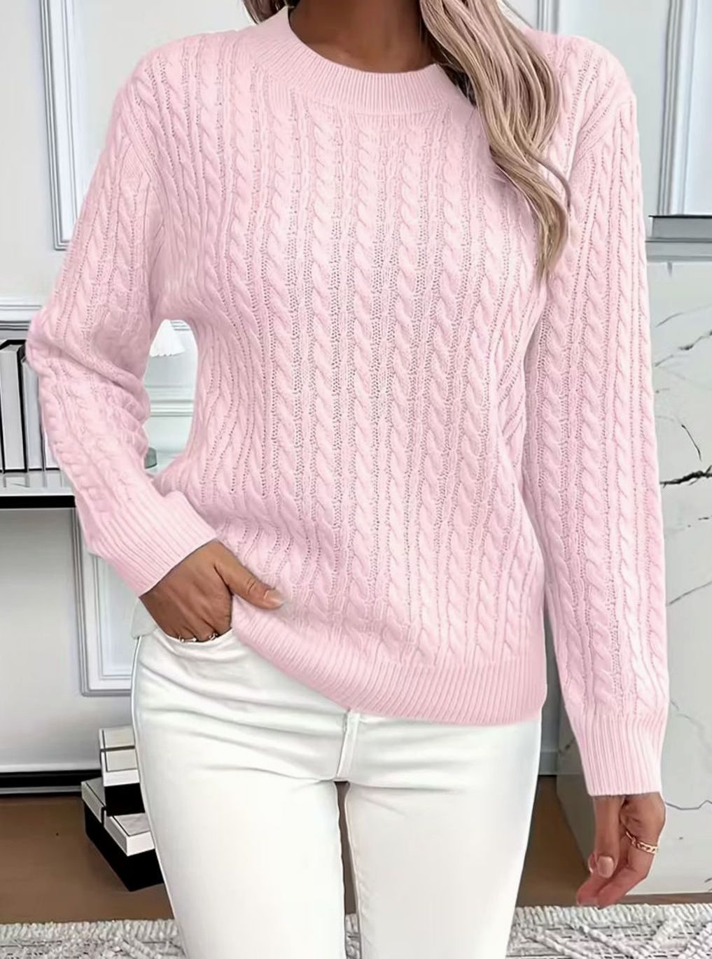 Damen Gemütlicher Winter-Zopfmuster-Strickpullover Rundhals Langarm - Rosa