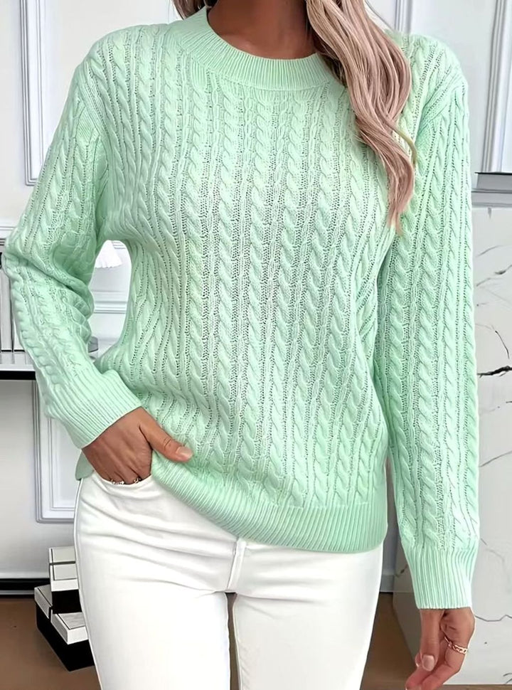 Damen Gemütlicher Winter-Zopfmuster-Strickpullover Rundhals Langarm - Grün