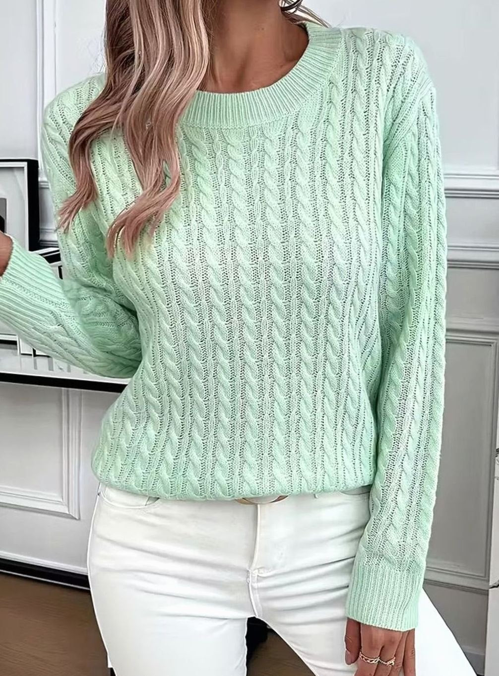 Damen Gemütlicher Winter-Zopfmuster-Strickpullover Rundhals Langarm