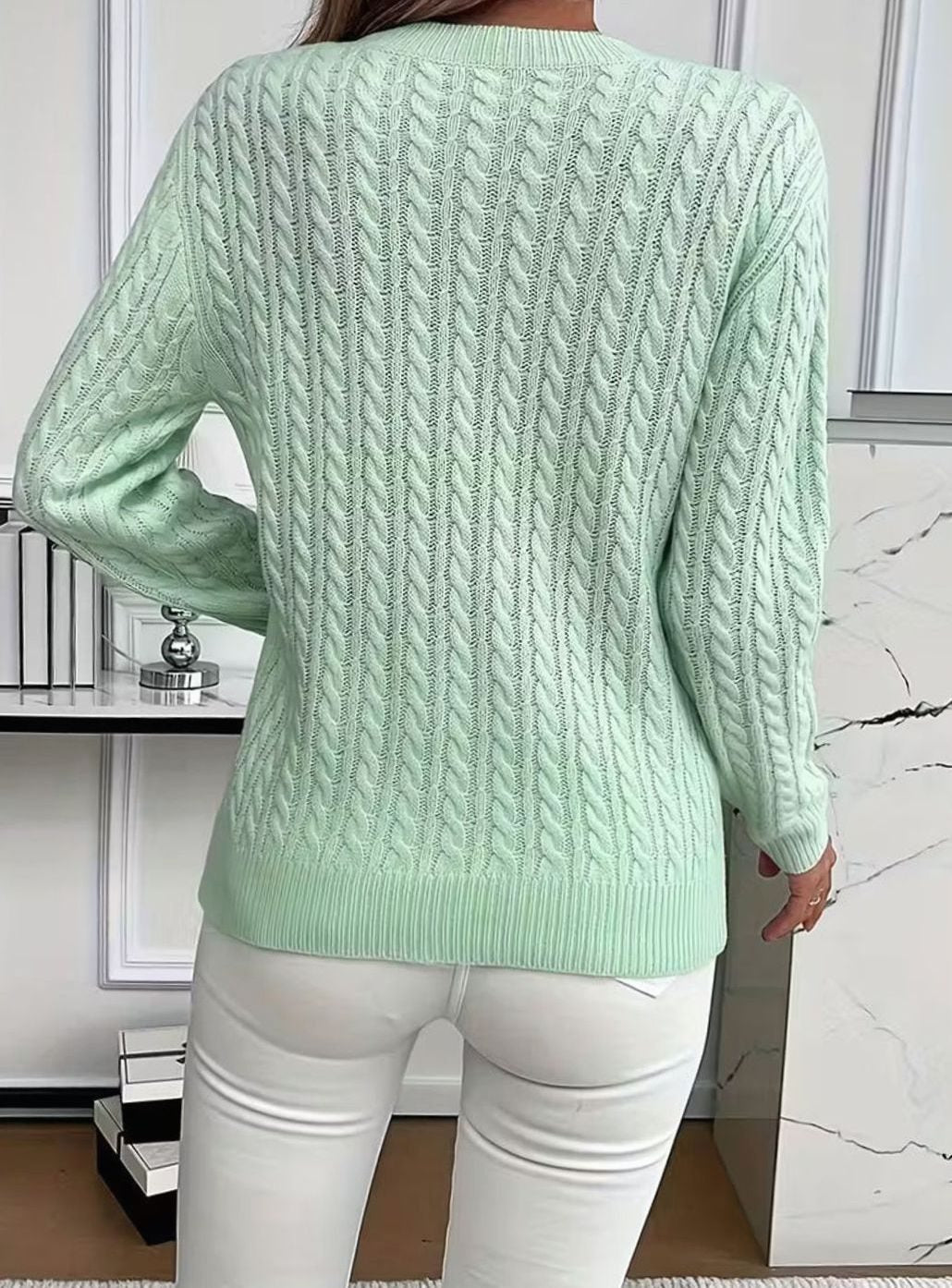Damen Gemütlicher Winter-Zopfmuster-Strickpullover Rundhals Langarm