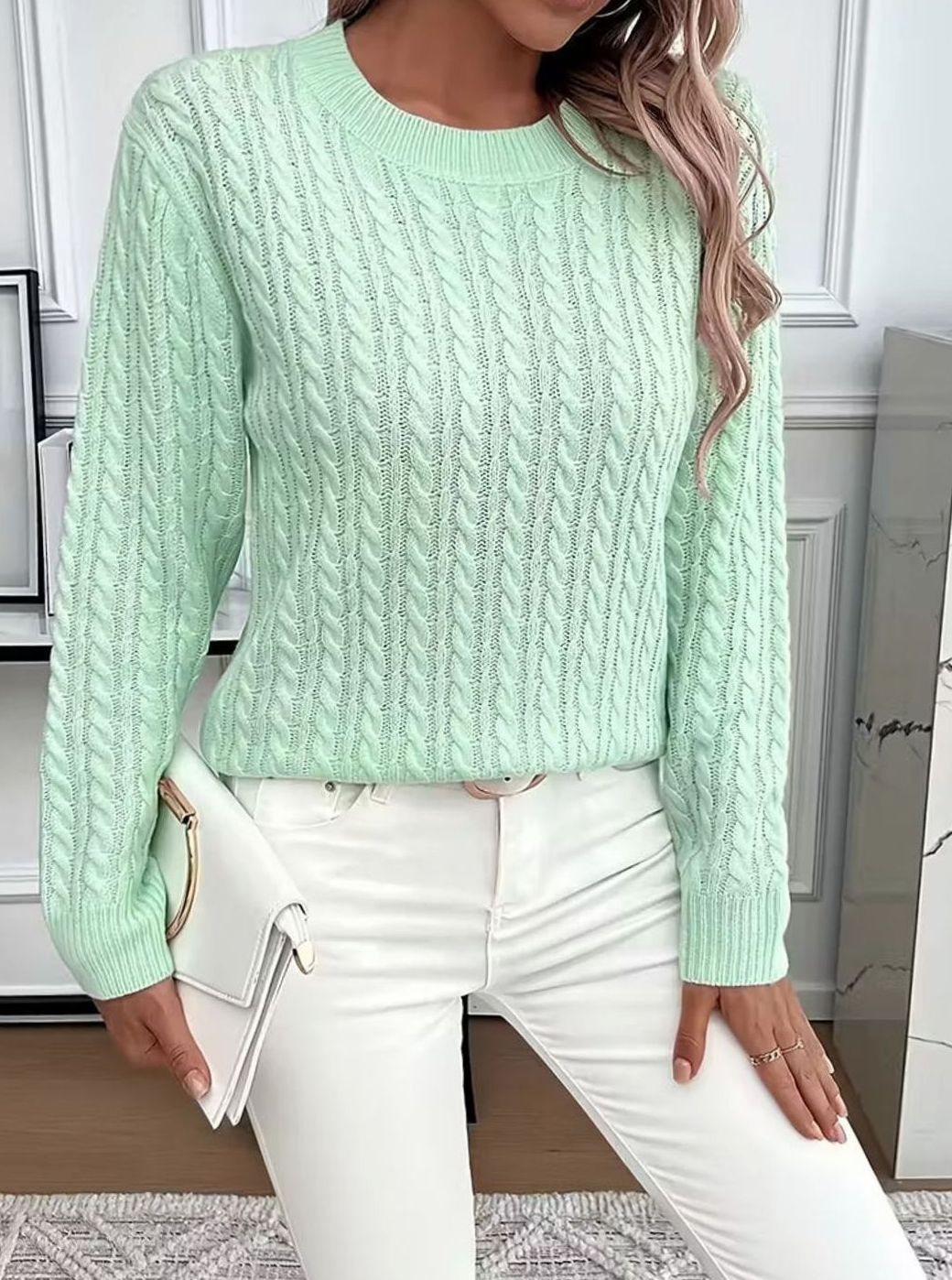 Damen Gemütlicher Winter-Zopfmuster-Strickpullover Rundhals Langarm