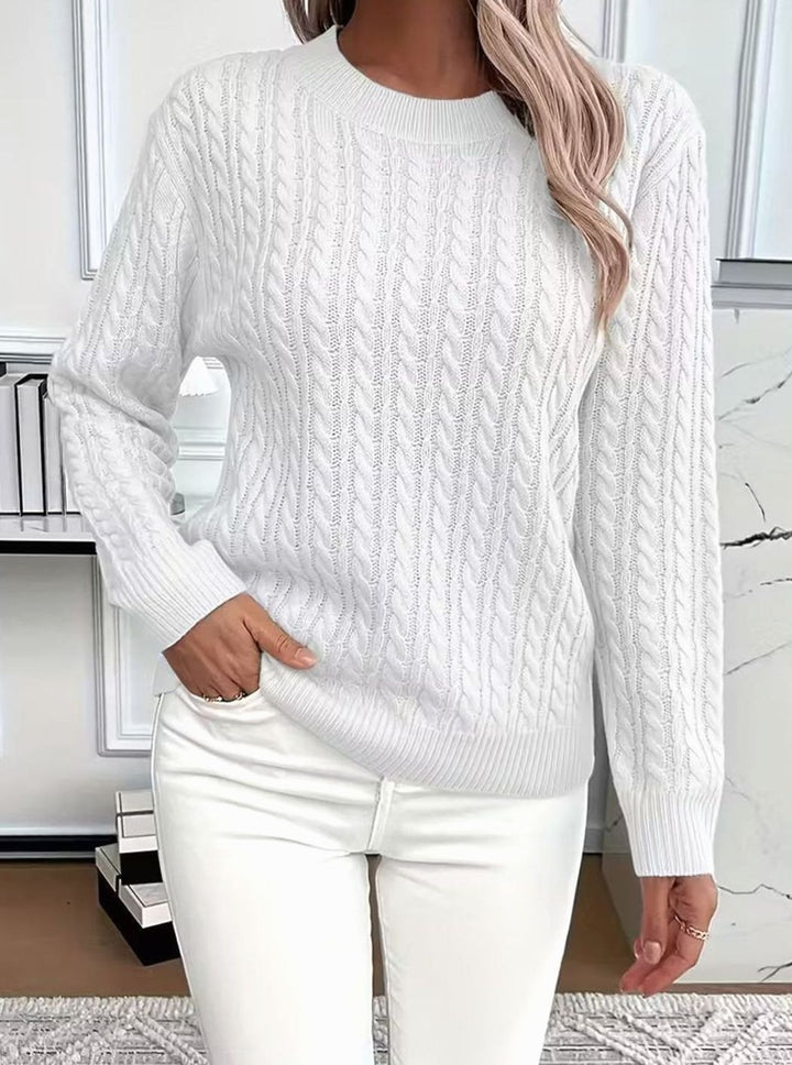 Damen Gemütlicher Winter-Zopfmuster-Strickpullover Rundhals Langarm - Weiß