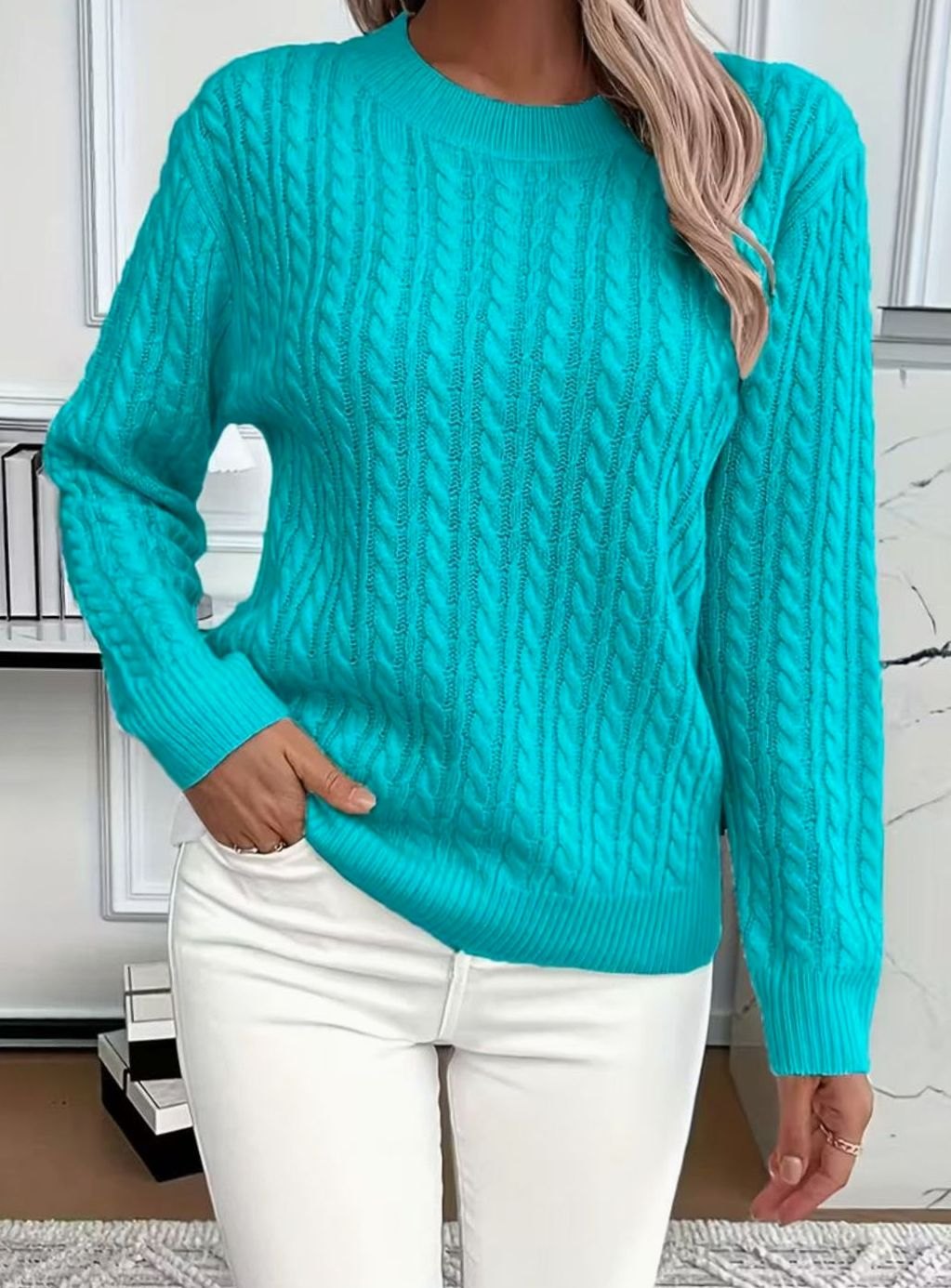 Damen Gemütlicher Winter-Zopfmuster-Strickpullover Rundhals Langarm - Blau
