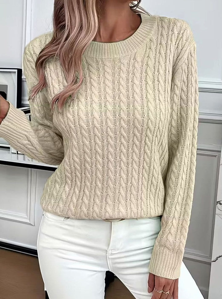 Damen Gemütlicher Winter-Zopfmuster-Strickpullover Rundhals Langarm - Khaki