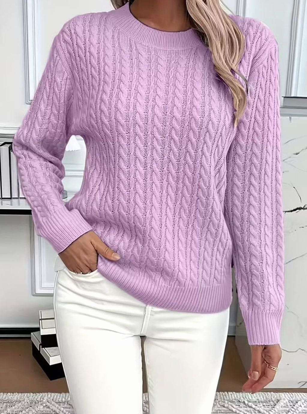 Damen Gemütlicher Winter-Zopfmuster-Strickpullover Rundhals Langarm - Lila