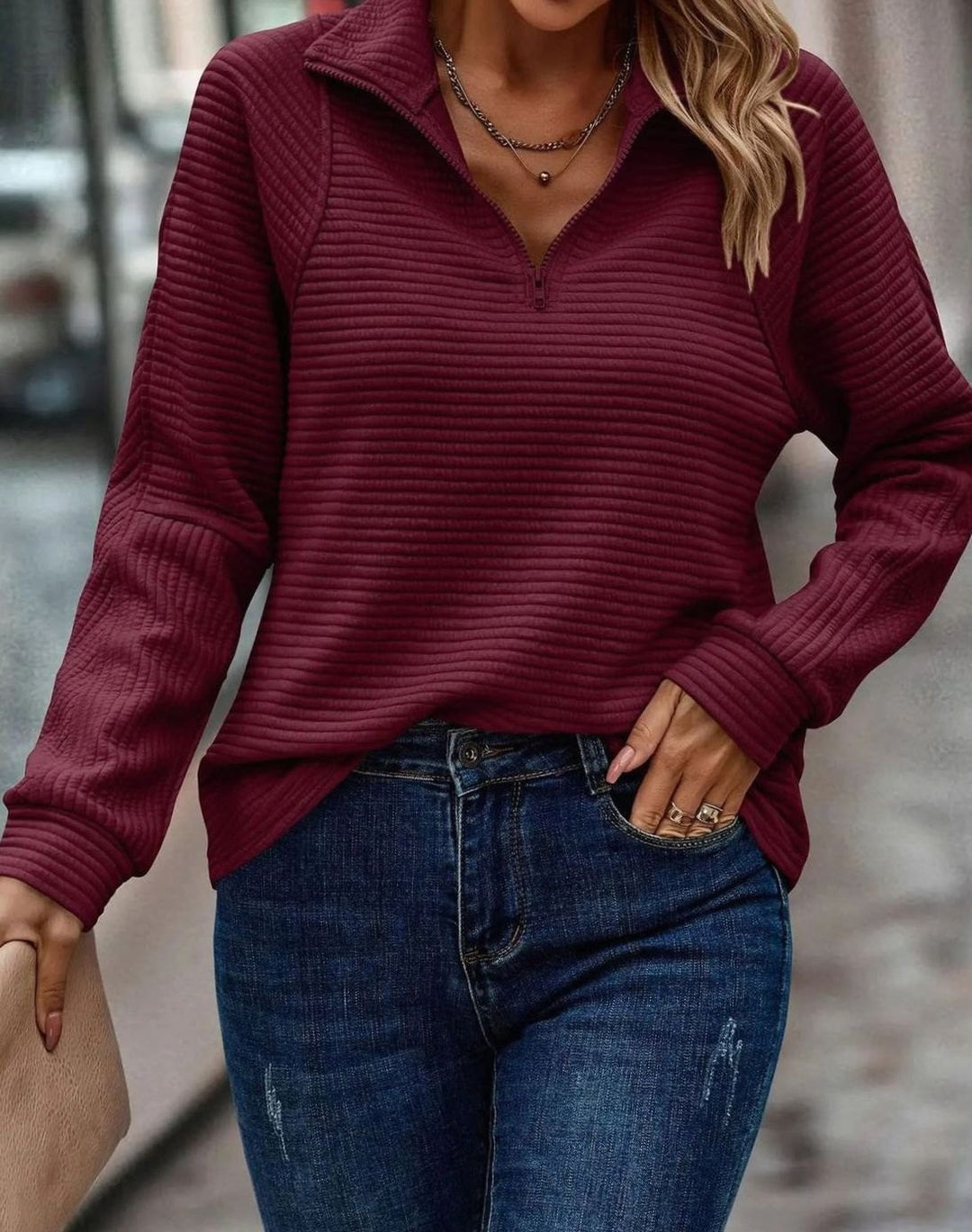 Damen Gerippter Half-Zip Pullover für den Frühling - Burgund