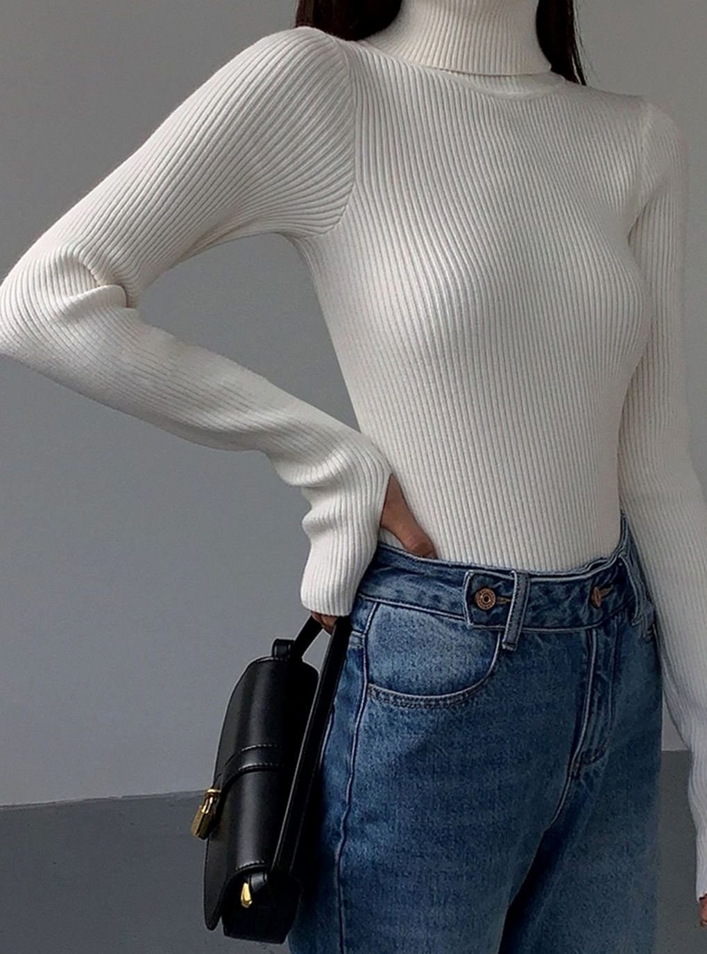 Damen Gerippter Rollkragenpullover Enganliegend Langarm - Weiß