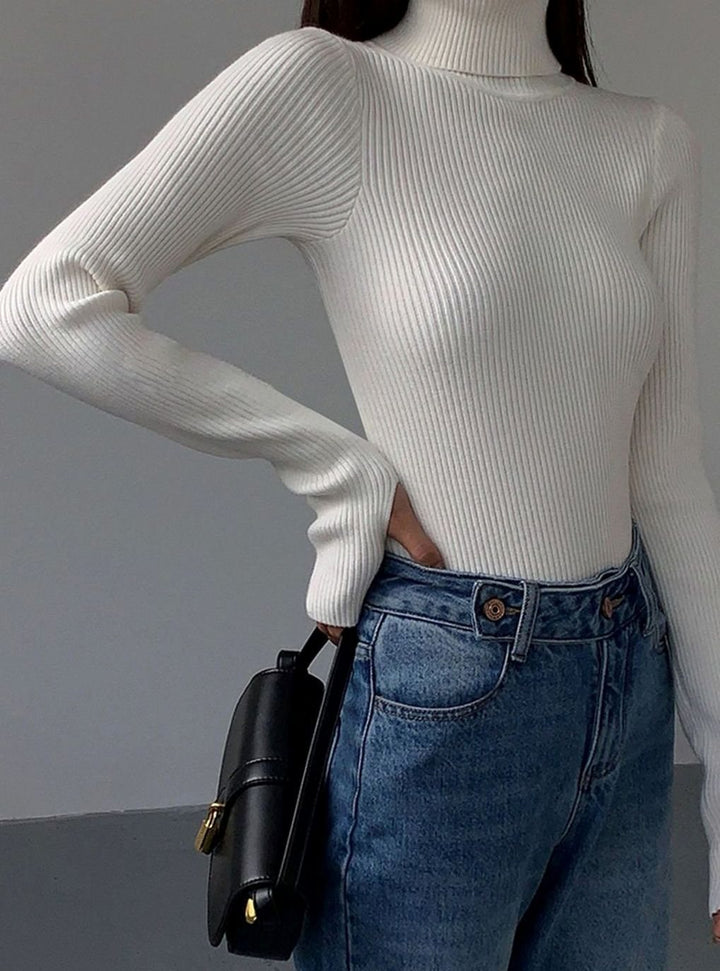 Damen Gerippter Rollkragenpullover Enganliegend Langarm - Weiß