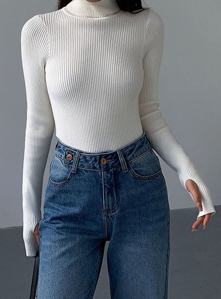 Damen Gerippter Rollkragenpullover Enganliegend Langarm