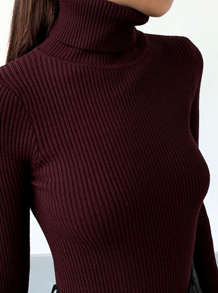 Damen Gerippter Rollkragenpullover Enganliegend Langarm