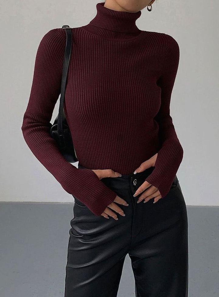 Damen Gerippter Rollkragenpullover Enganliegend Langarm