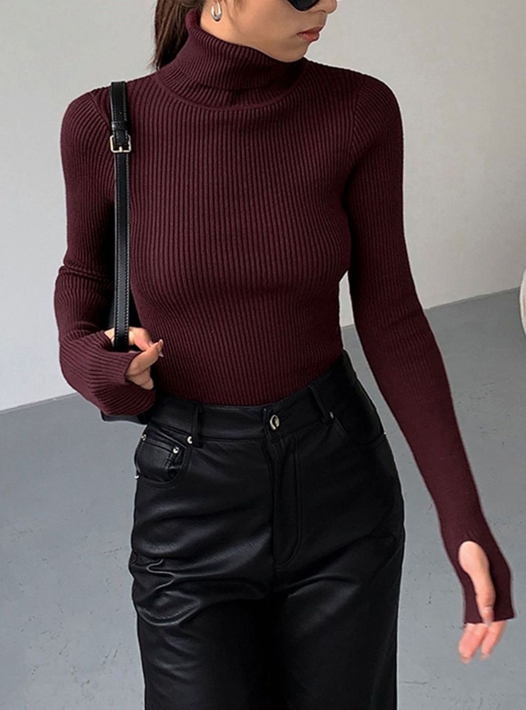 Damen Gerippter Rollkragenpullover Enganliegend Langarm