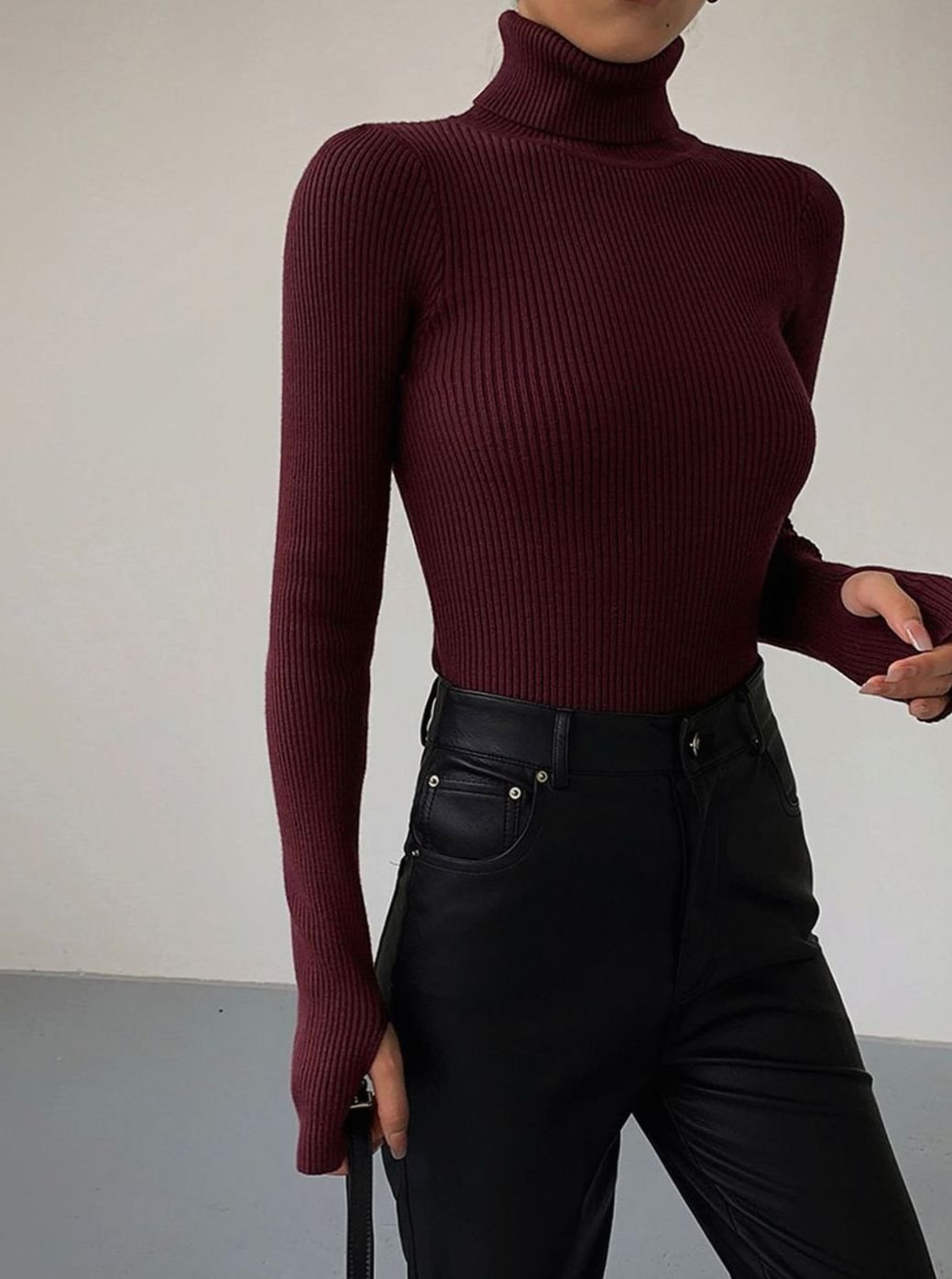 Damen Gerippter Rollkragenpullover Enganliegend Langarm