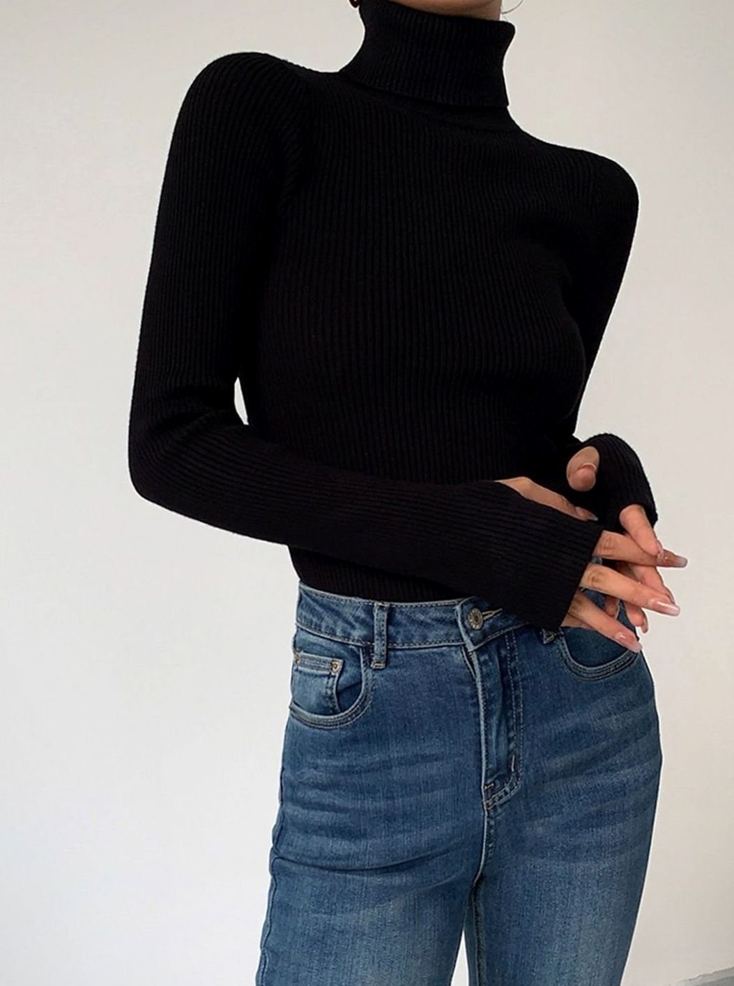 Damen Gerippter Rollkragenpullover Enganliegend Langarm - Schwarz