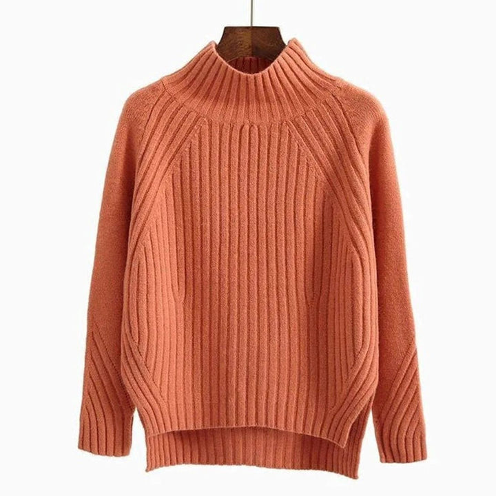Damen Gerippter Strickpullover mit hohem Kragen Winterpullover - Orange