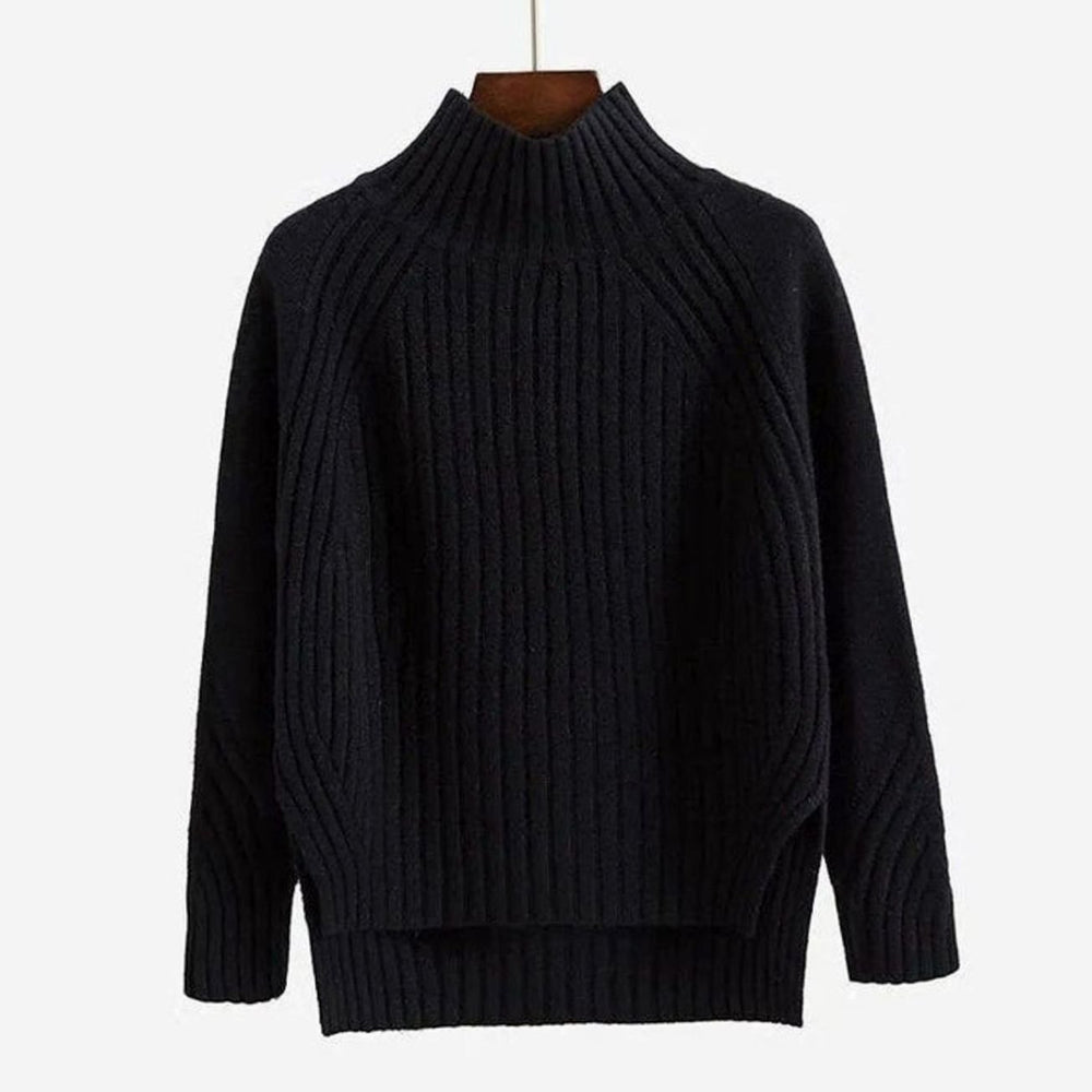 Damen Gerippter Strickpullover mit hohem Kragen Winterpullover - Schwarz