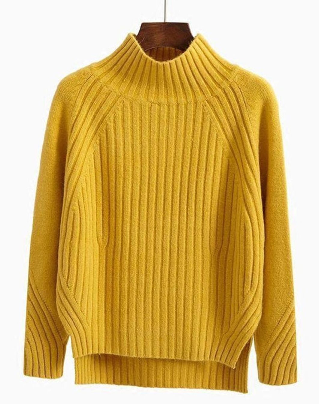 Damen Gerippter Strickpullover mit hohem Kragen Winterpullover - Gelb