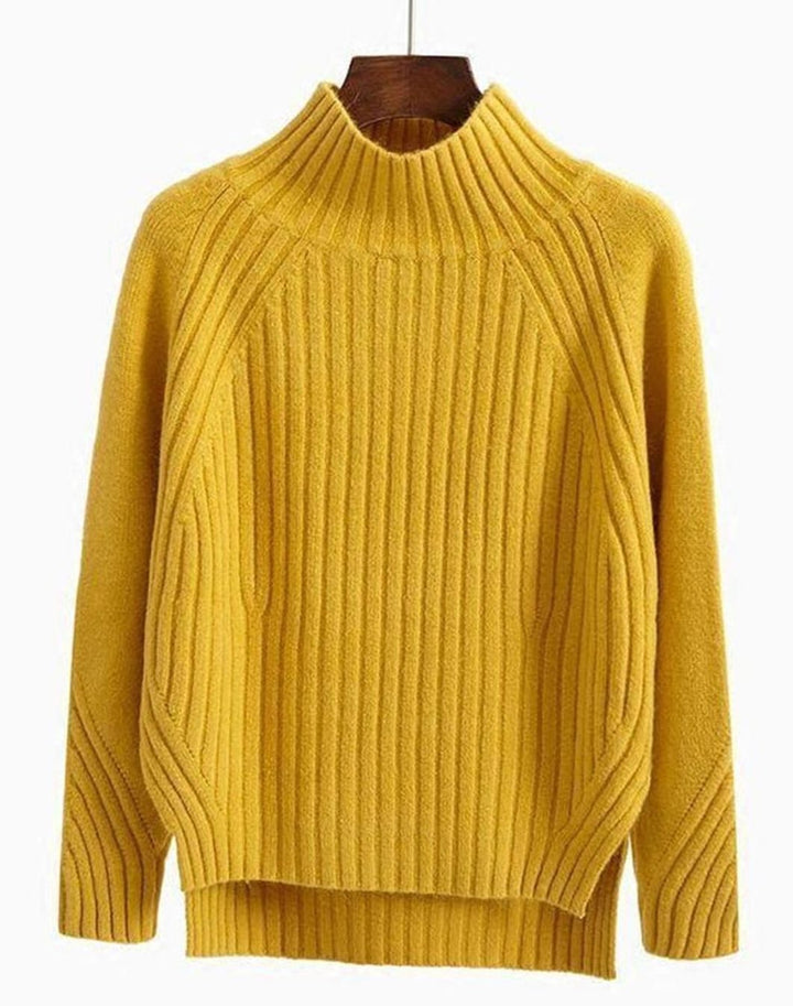 Damen Gerippter Strickpullover mit hohem Kragen Winterpullover - Gelb