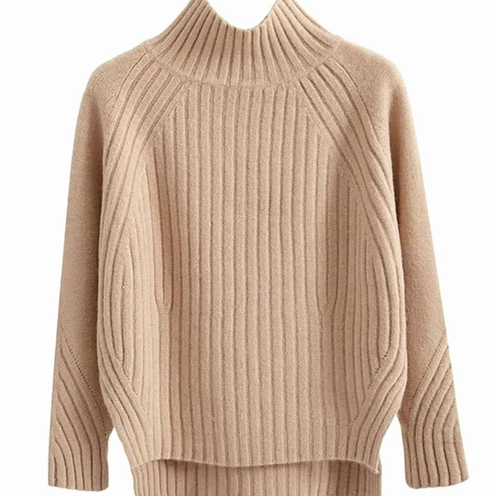 Damen Gerippter Strickpullover mit hohem Kragen Winterpullover - Khaki