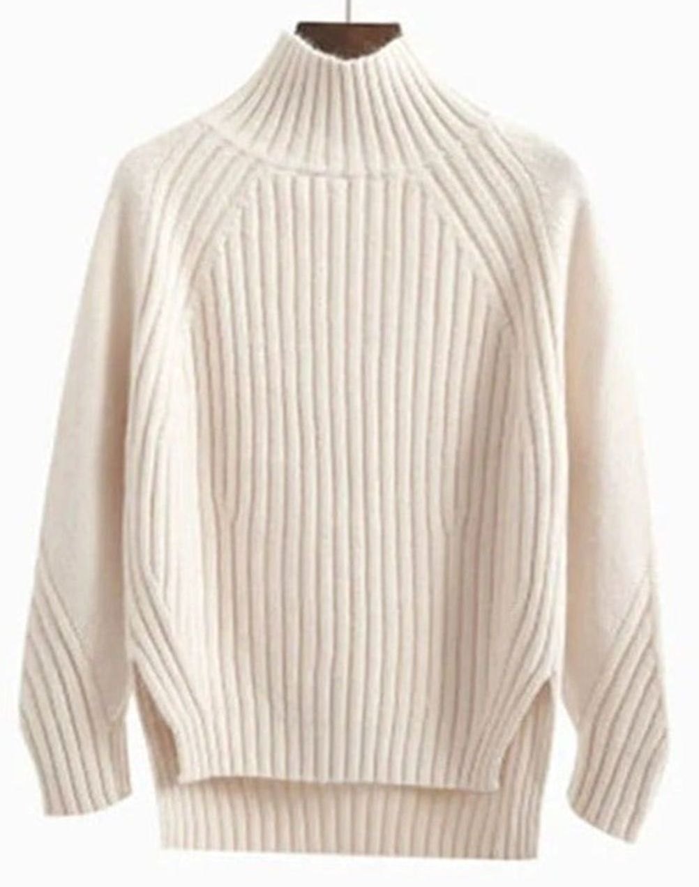 Damen Gerippter Strickpullover mit hohem Kragen Winterpullover - Beige