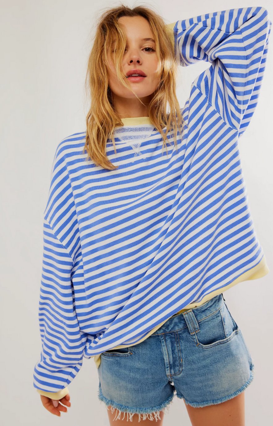 Damen Gestreifter Oversized Rundhals-Pullover für den Frühling - Himmelblau
