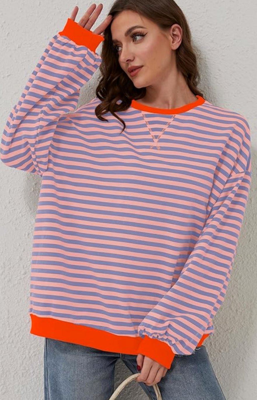 Damen Gestreifter Oversized Rundhals-Pullover für den Frühling - Orange und Blau