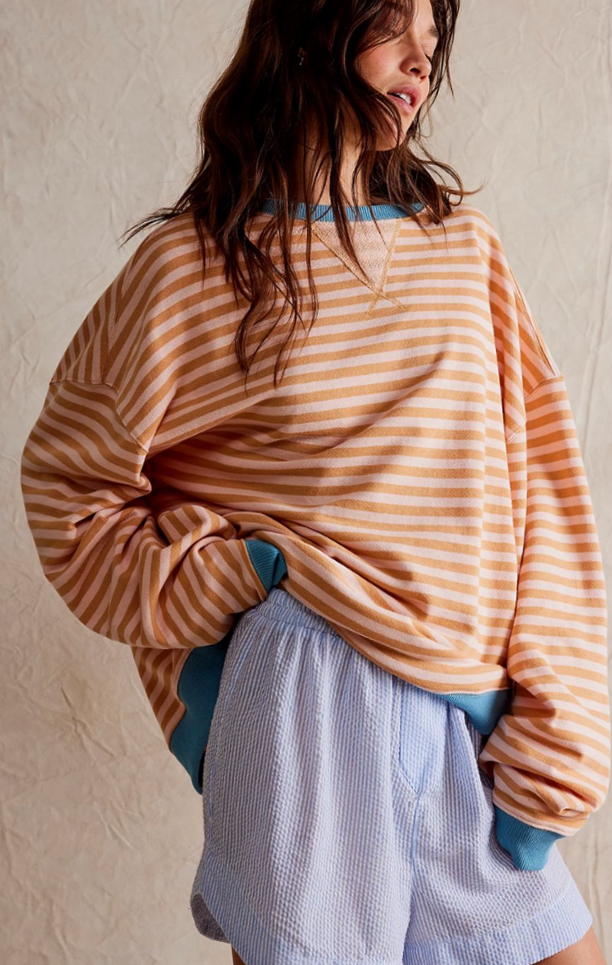 Damen Gestreifter Oversized Rundhals-Pullover für den Frühling - Orangefarbene Streifen