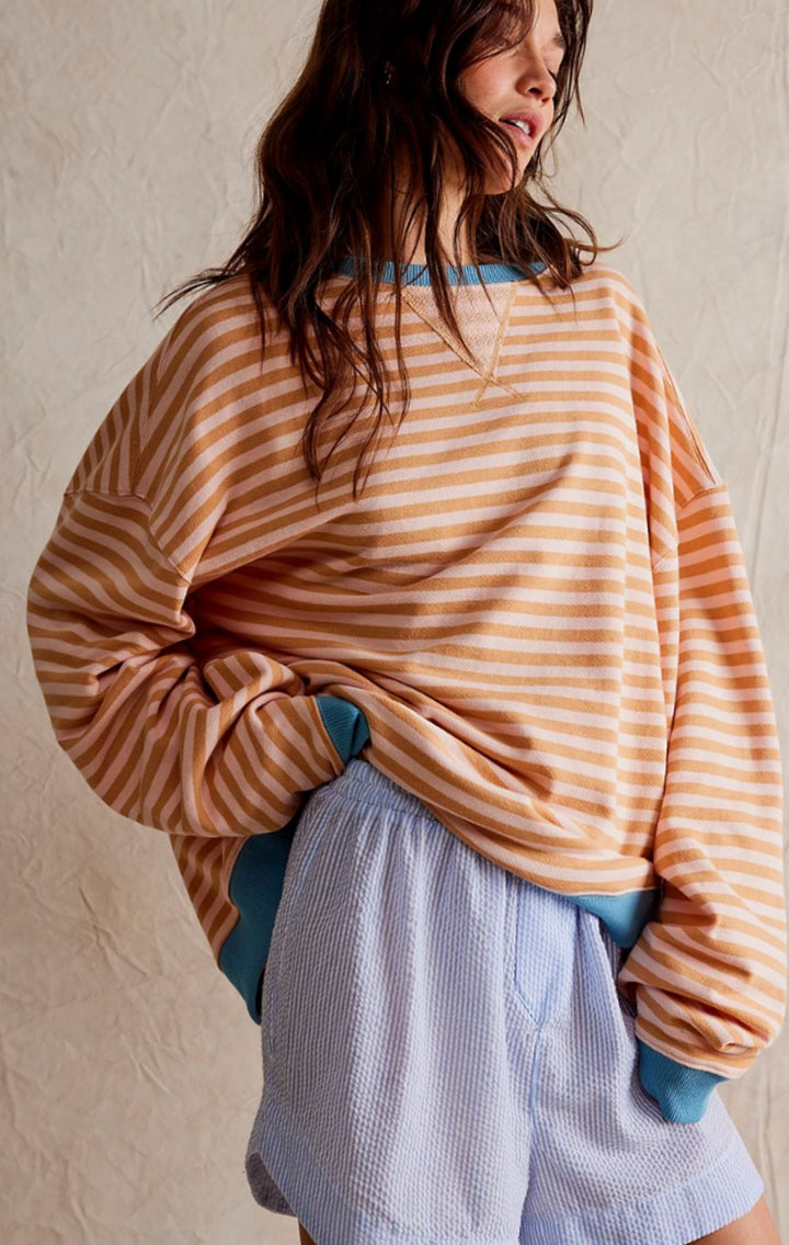 Damen Gestreifter Oversized Rundhals-Pullover für den Frühling - Orangefarbene Streifen