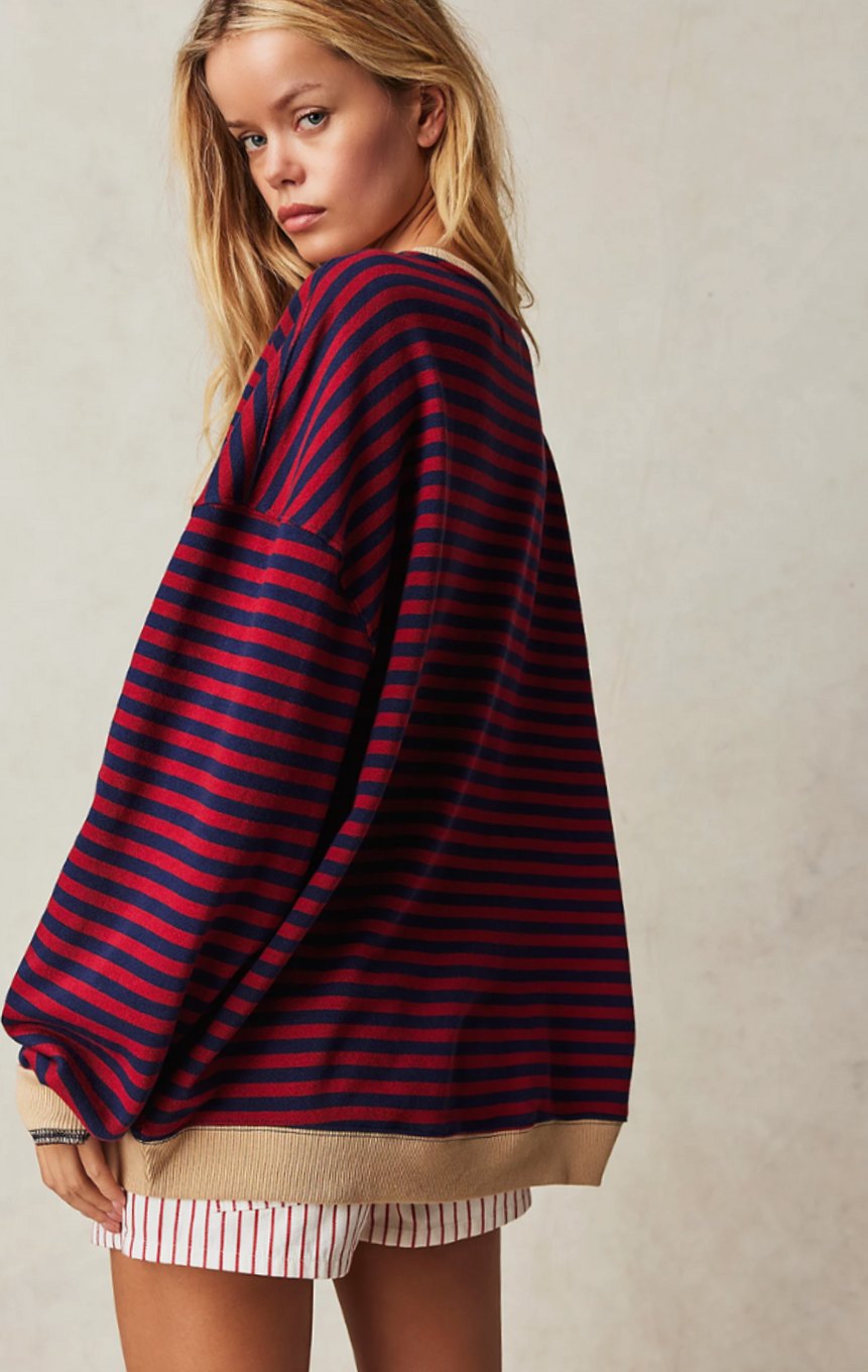 Damen Gestreifter Oversized Rundhals-Pullover für den Frühling