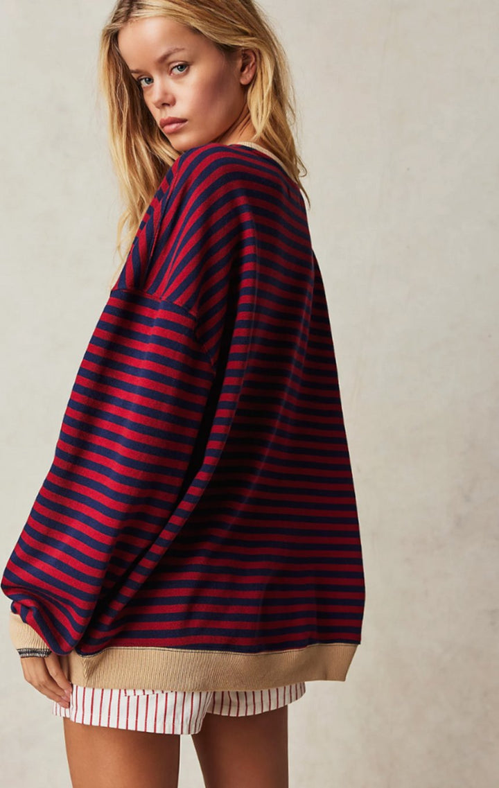 Damen Gestreifter Oversized Rundhals-Pullover für den Frühling