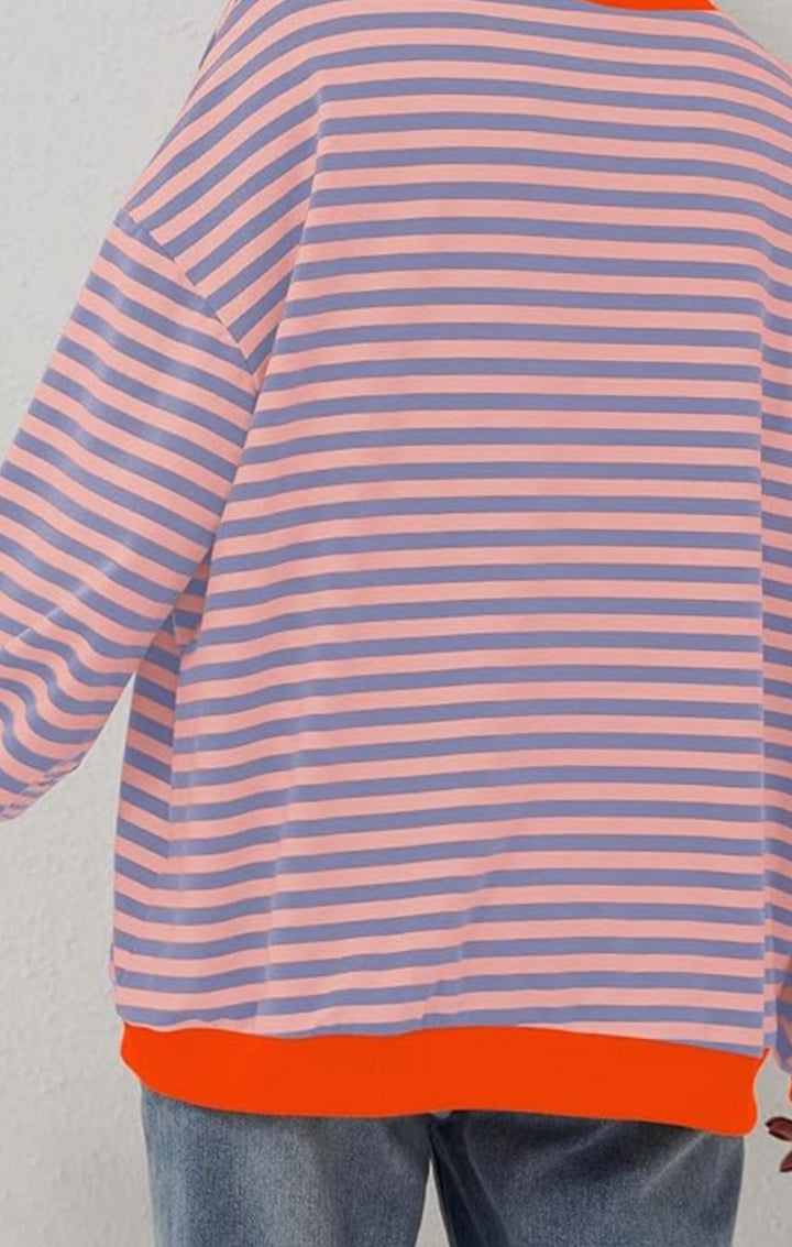 Damen Gestreifter Oversized Rundhals-Pullover für den Frühling
