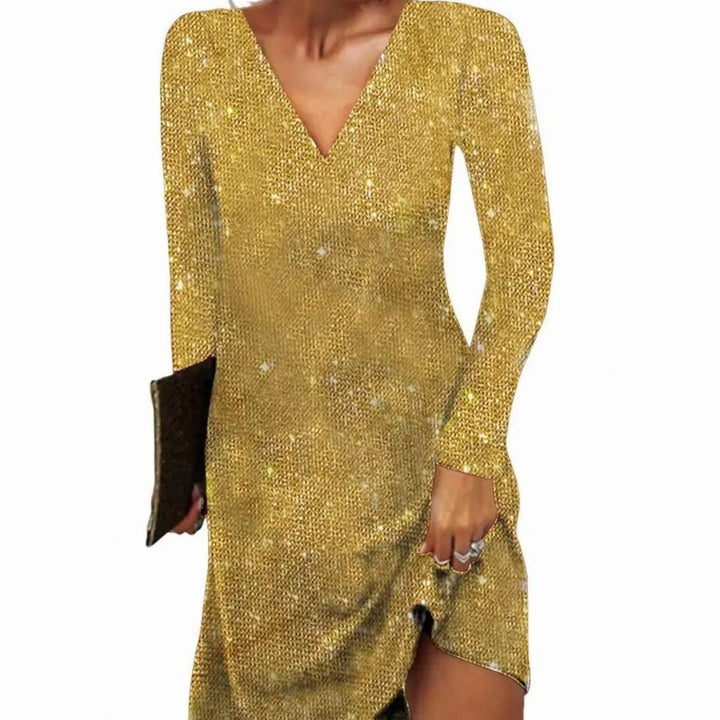 Damen Glitzer Wickelkleid mit V-Ausschnitt Langarm Minikleid - Gelb