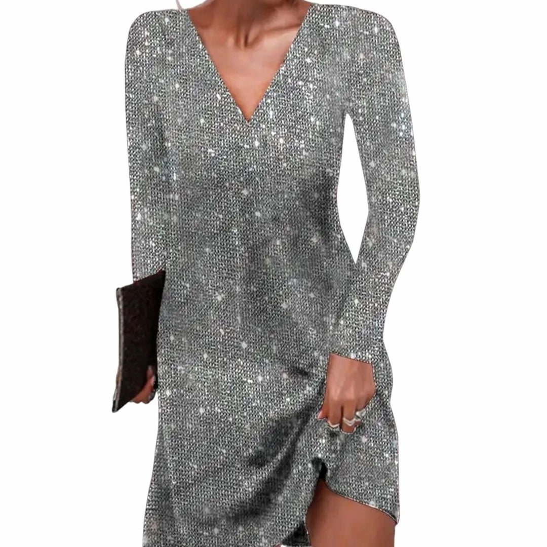 Damen Glitzer Wickelkleid mit V-Ausschnitt Langarm Minikleid - Silbergrau
