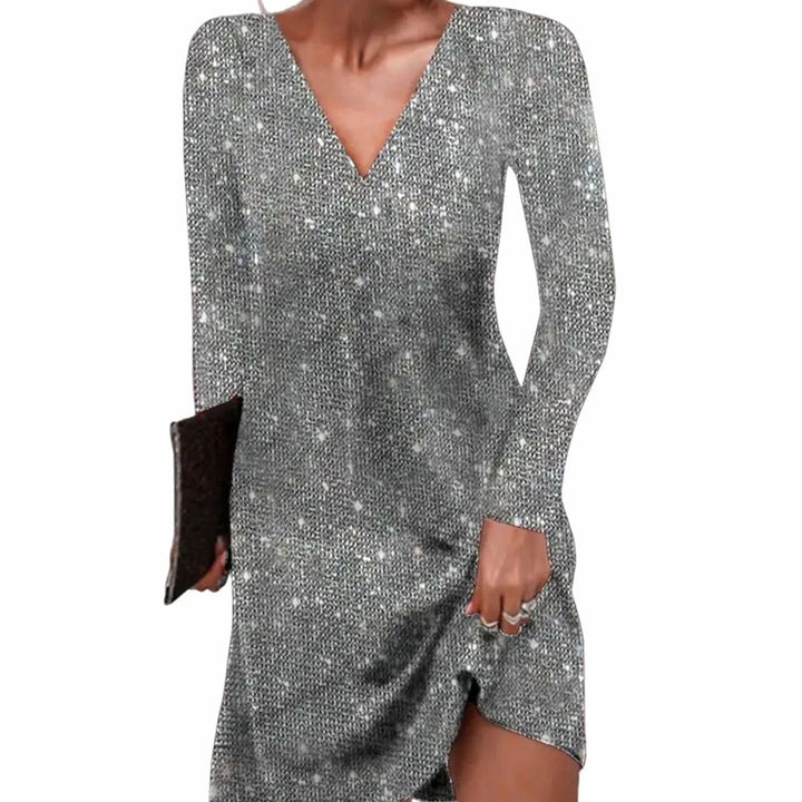 Damen Glitzer Wickelkleid mit V-Ausschnitt Langarm Minikleid - Silbergrau